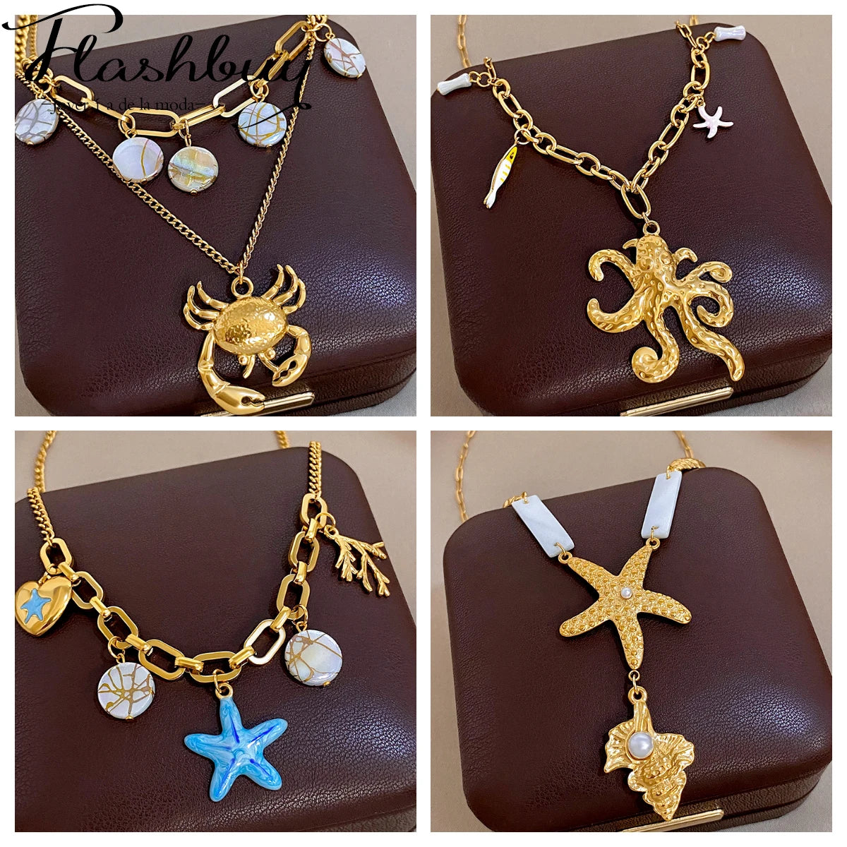 Flashbuy Golden Ocean Charm Necklace, Starfish Crab Octopus Pendant, Boho Beach Jewelry for Women, Summer Vacation Accessory