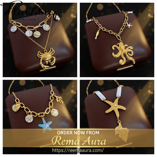 Flashbuy Golden Ocean Charm Necklace, Starfish Crab Octopus Pendant, Boho Beach Jewelry for Women, Summer Vacation Accessory