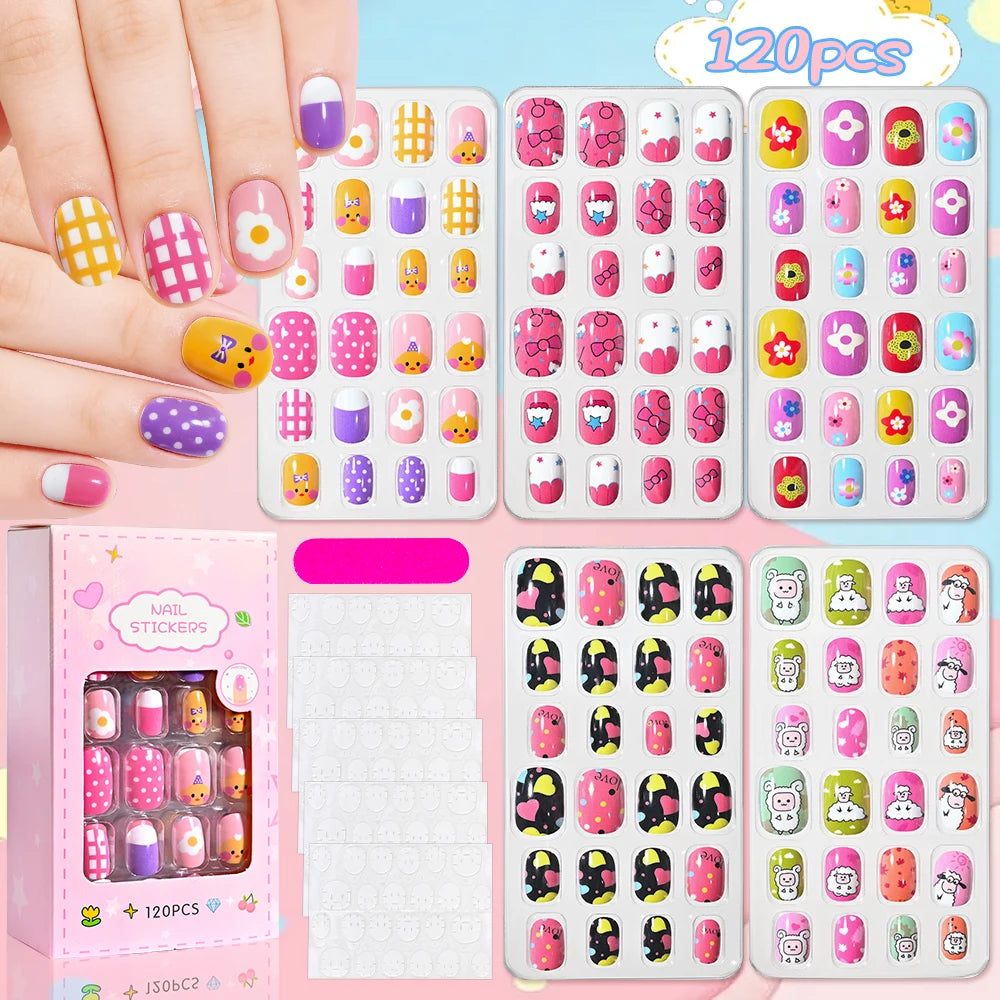 120Pcs Kids Cute Bow Heart Design False Nails Cartoon Animal Short Square Full Cover Fake Nail Tips for Girls Press On Nails