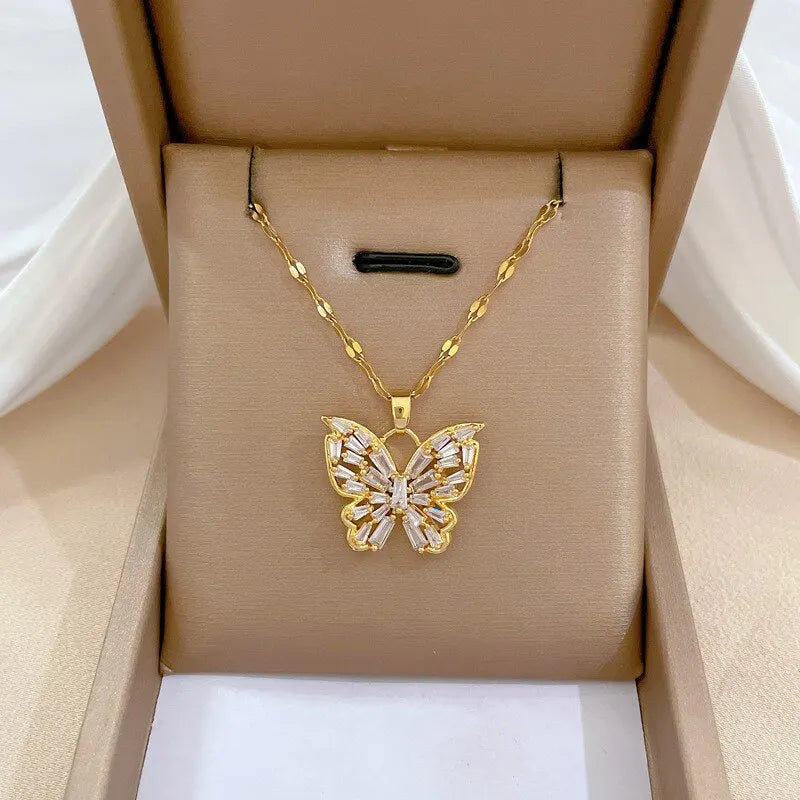 Fantastic Crystal Gold-Color Butterfly Necklace For Women Rhinestone Symmetrical Pendant Accessories Party Jewelry Gifts