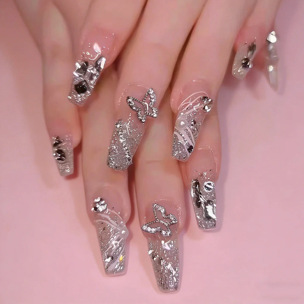 24Pcs Long Coffin Glitter False Nails Silver Butterfly Rhinestones Charm Design Wearable Press on Nails Full Cover Fake Nails