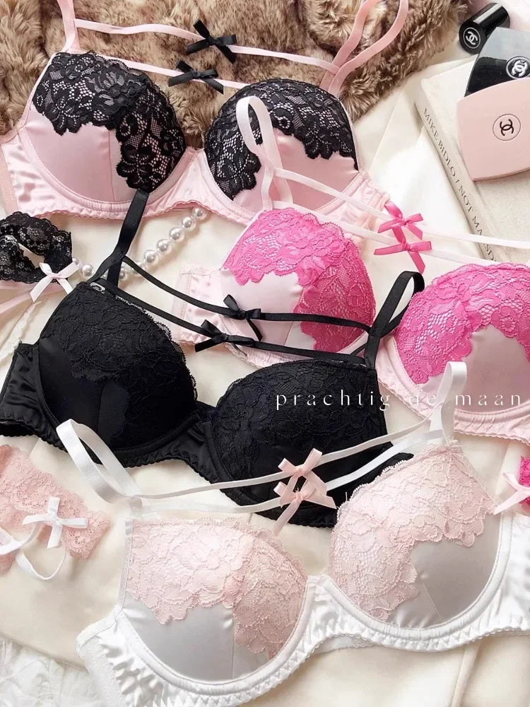MOYISU French Lace Bralette with Bow Sweetheart Neckline Petite Bust | Natural Lift Minimalist Bra Set Sexy Yet Subtle Support