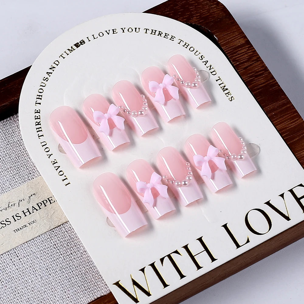 24pc Short Square French Fake Nails with Pearl Bow Acrylic Pink False Nail Wearable Press on Nails Full Cover Nail Tips