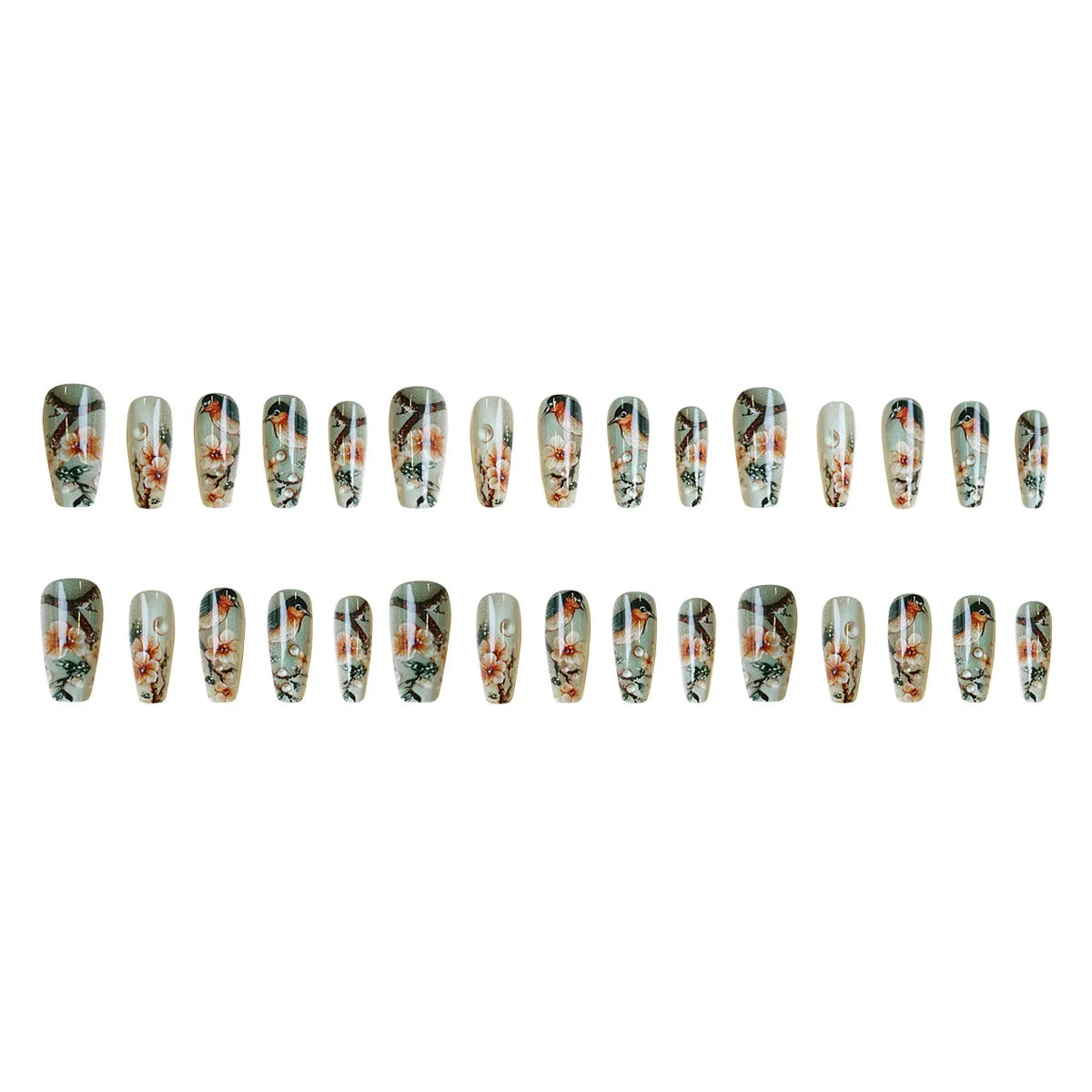 24pcs/set Medium long fake nails yellow dragon flowers feather design for Spring summer Square almond tips press on false nail