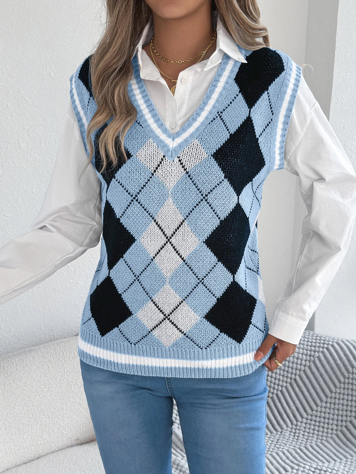 Autumn Winter Casual Knit Sweater Vest for Women 2026 Fashion V Neck Color Block Plaid Sleeveless Knitted Pullover Tops