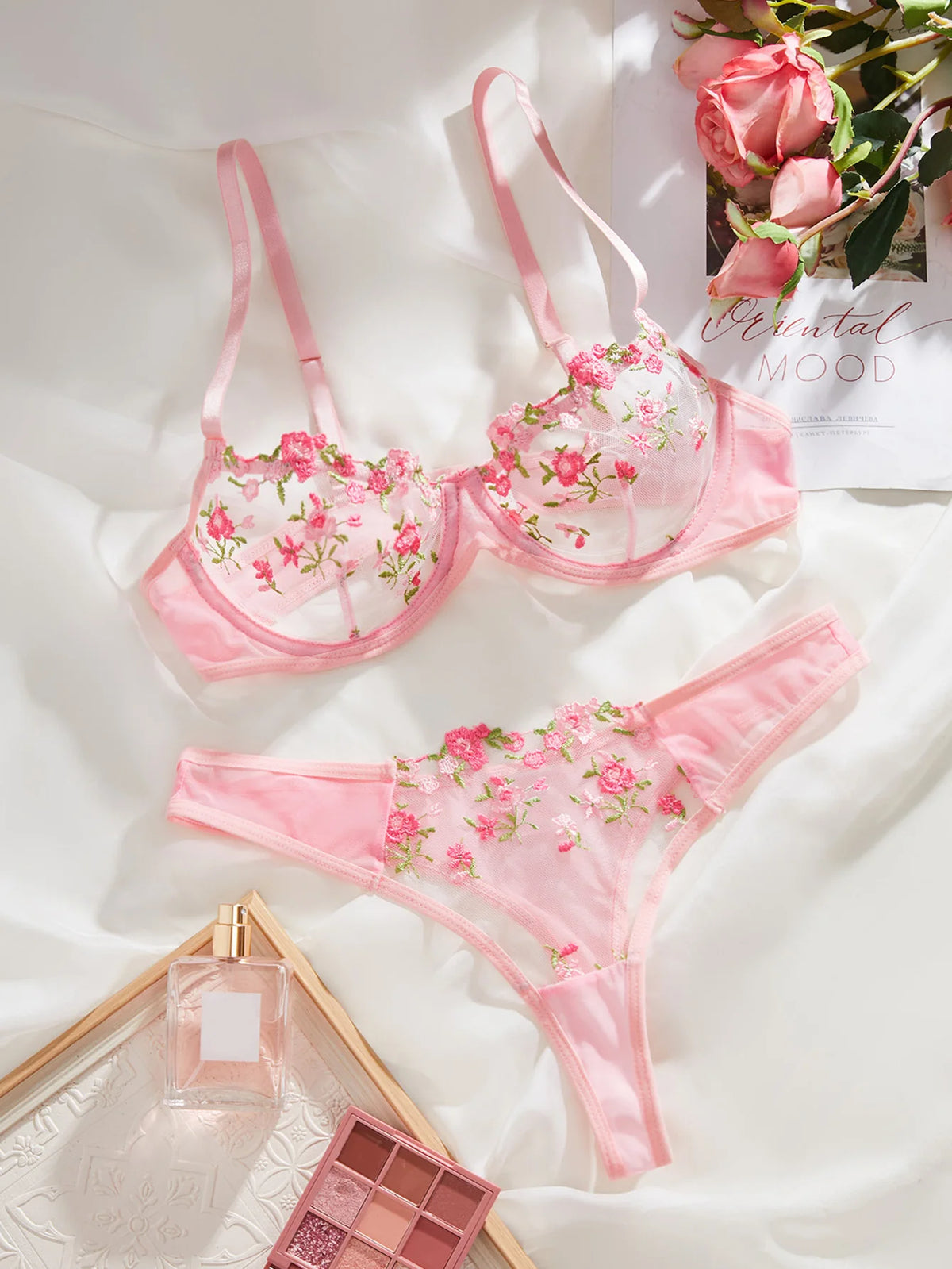 Pink Floral Embroidery 2-Piece Bra Set Women's Half Cup Thin Breathable Thong Underwear Valentine's Day Gift