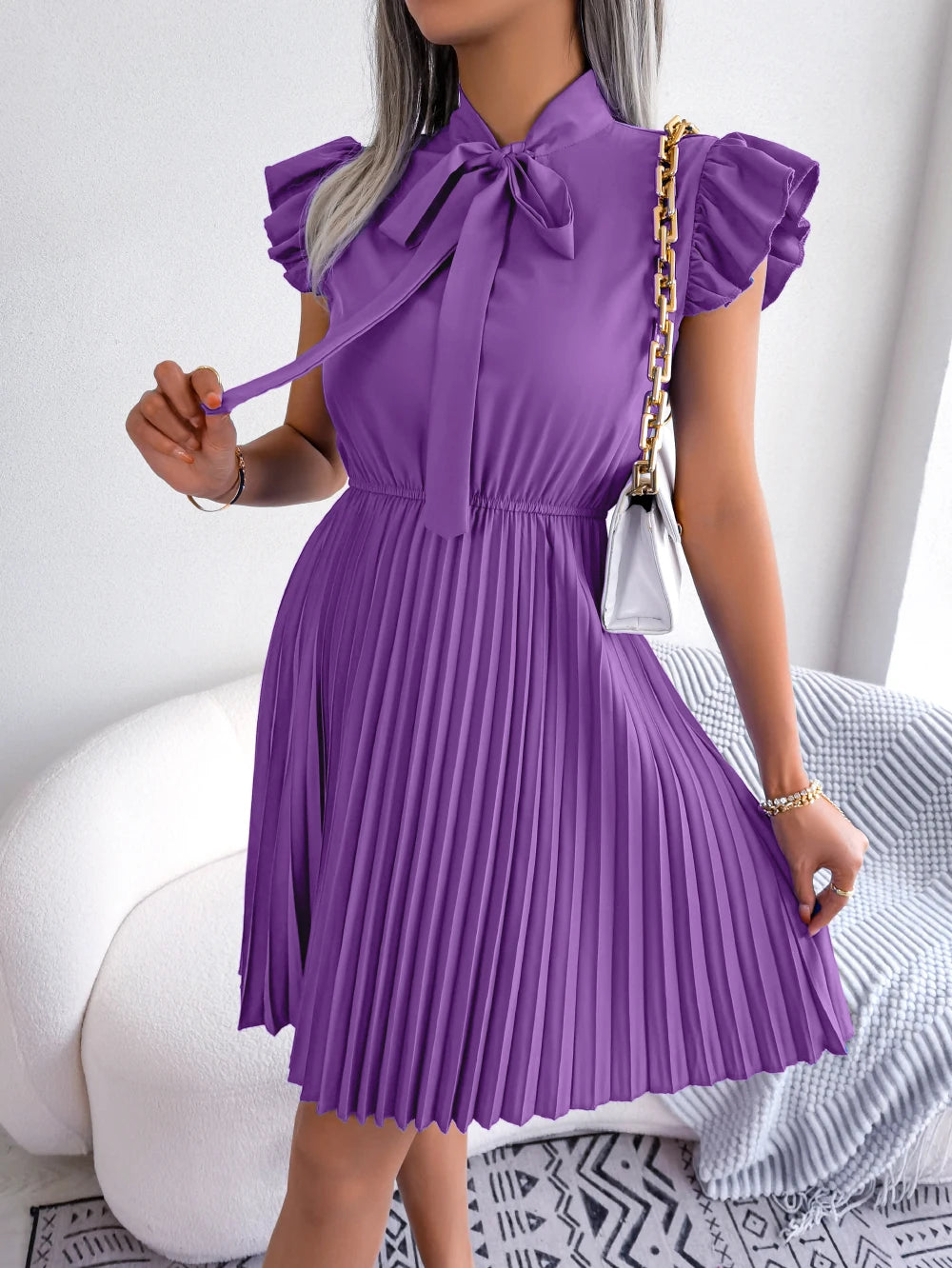 Elegant Bow Tie Pleated Dress 2026 Women Summer Solid Color Ruffles Short Sleeve Mini Dress Green Red Black Blue Woman Clothing