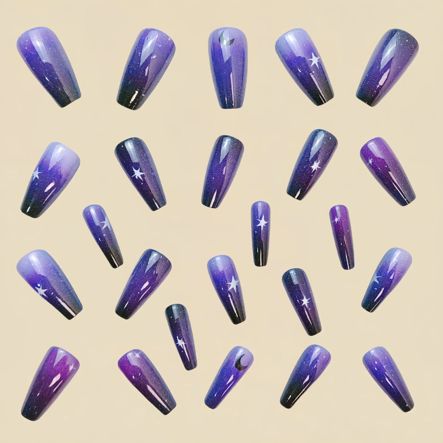 24pcs/set medium long fake nails square ballet nail tips glitters starry sky moon star feather design press on false nail art