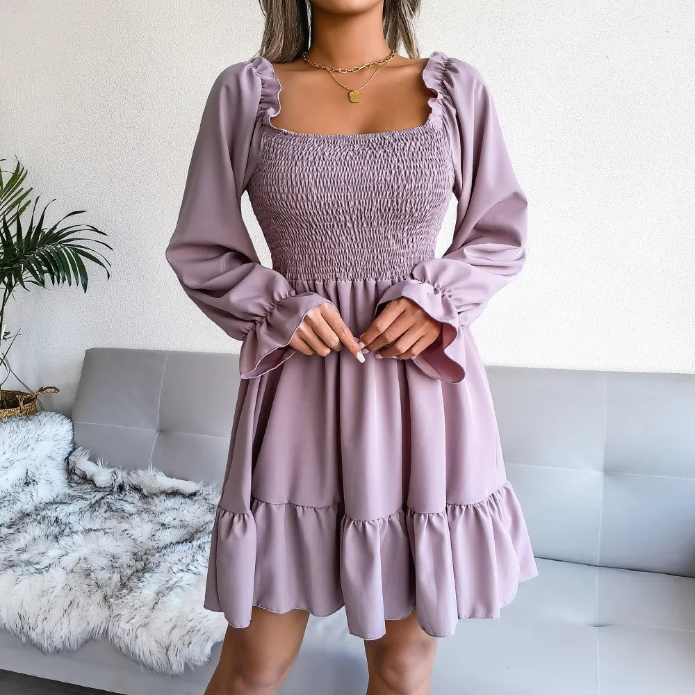 Spring Summer Casual Solid Color Square Neck Flared Long Sleeve Ruffled Dress Red Orange Green Black 2026 Fashion Woman Clothing