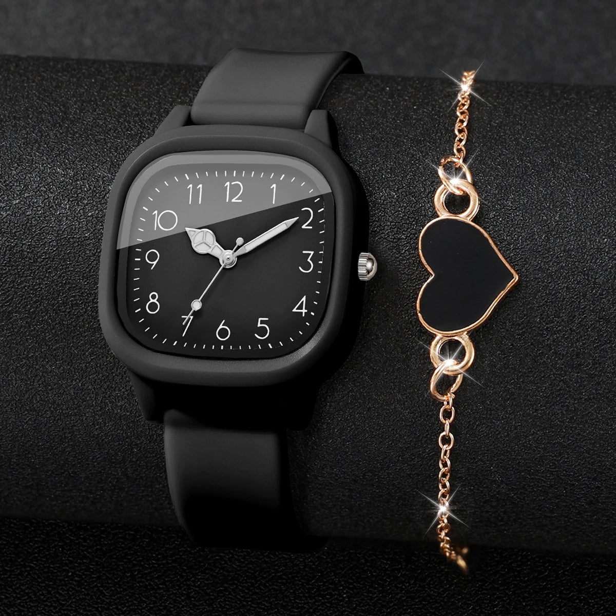 2PCS Fashion Women Watch Heart‑shaped Bracelet Set Square Black Dial Silicone Strap Wristwatch Relogio Feminino (Without Box)