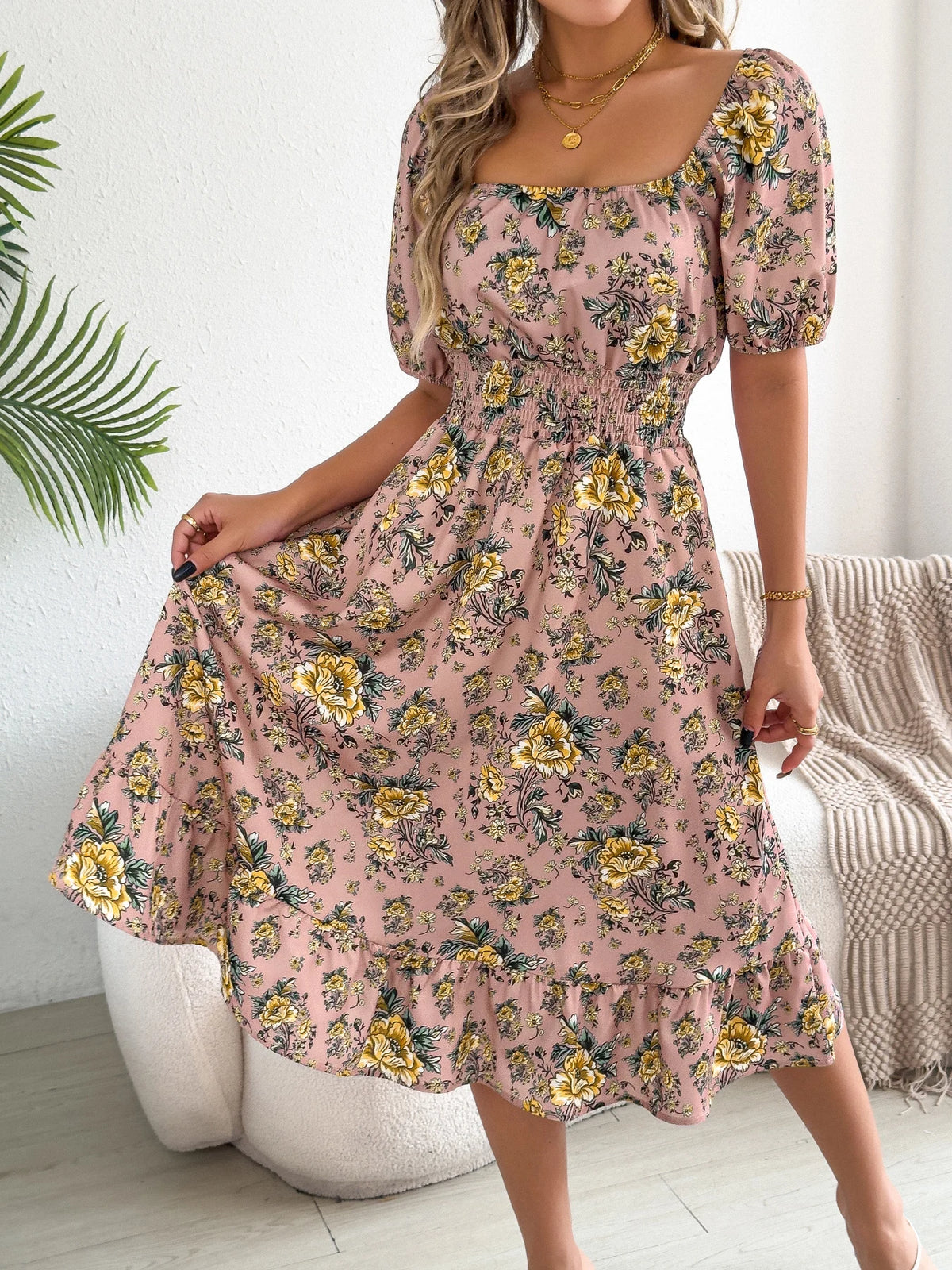 2026 Fashion Floral Print Dress for Women Spring Summer Casual Square Neck Short Sleeve Ruffled Long Dresses Woman Clothing