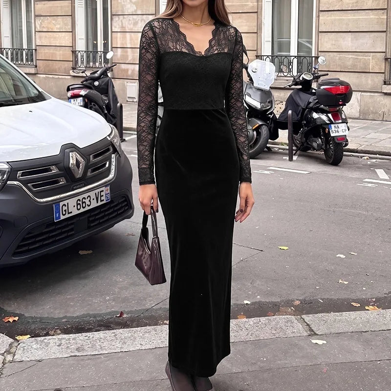 Women Velvet Maxi Dress Long Sleeve V Neck Lace Patchwork Bodycon Long Dress Elegant Evening Party Nightclub Slim Fit Dress