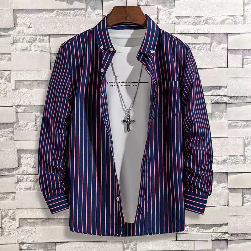 Mens Dress Shirts Striped Long Sleeve Plaid Checked Shirt Smart Casual Business Non-Ironing Korean Slim Fit Formal Blue White
