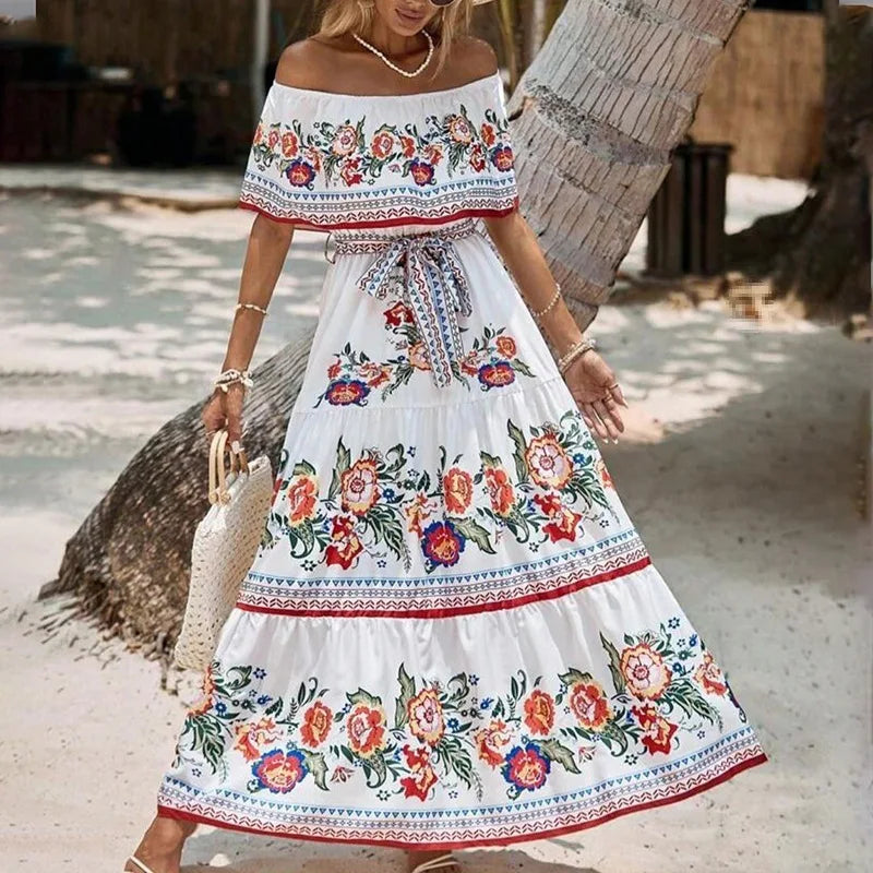 BKLD Elegant Printed Maxi Dress Sexy Off The Shoulder Tie Waist Slim Fit Dress Women Summer Party Vacation Outfits 2026 New