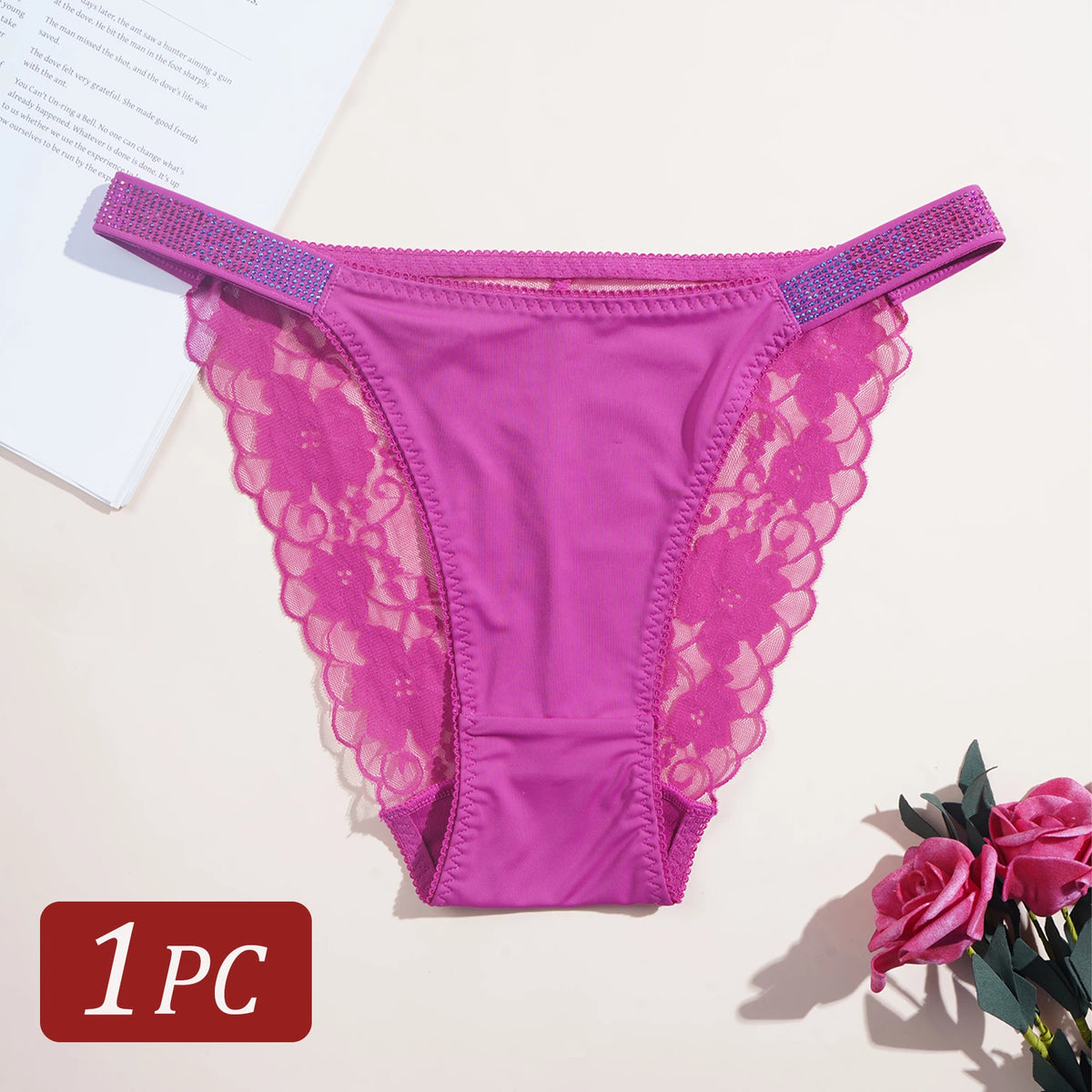 1PC Rhinestone Lace Sexy Girls Women Panties Solid Color Seamless Underwear Elegant Lace Floral Design Low Rise Briefs Lingerie