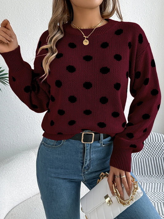 Autumn Winter Fashion Polka Dot Pattern Knitted Sweaters Women 2026 Casual Round Neck Lantern Long Sleeve Pullover Woman Clothes