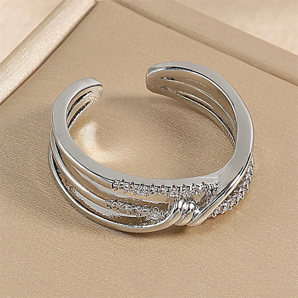 ZAKOL Fashion Double Layers Zircon Rings for Women Gold Color Plated Open Stainless Steel Ring Aesthetic Party Wedding Jewelry