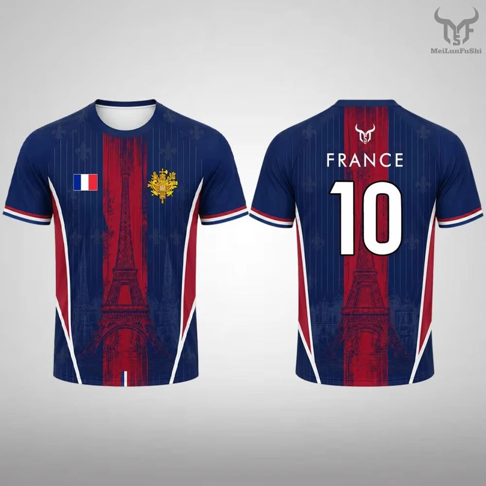 New France Flag Print Soccer Jersey Family Style for Adults Kids Outdoor Casual Breathable Short Sleeve Top for Sports Fitness