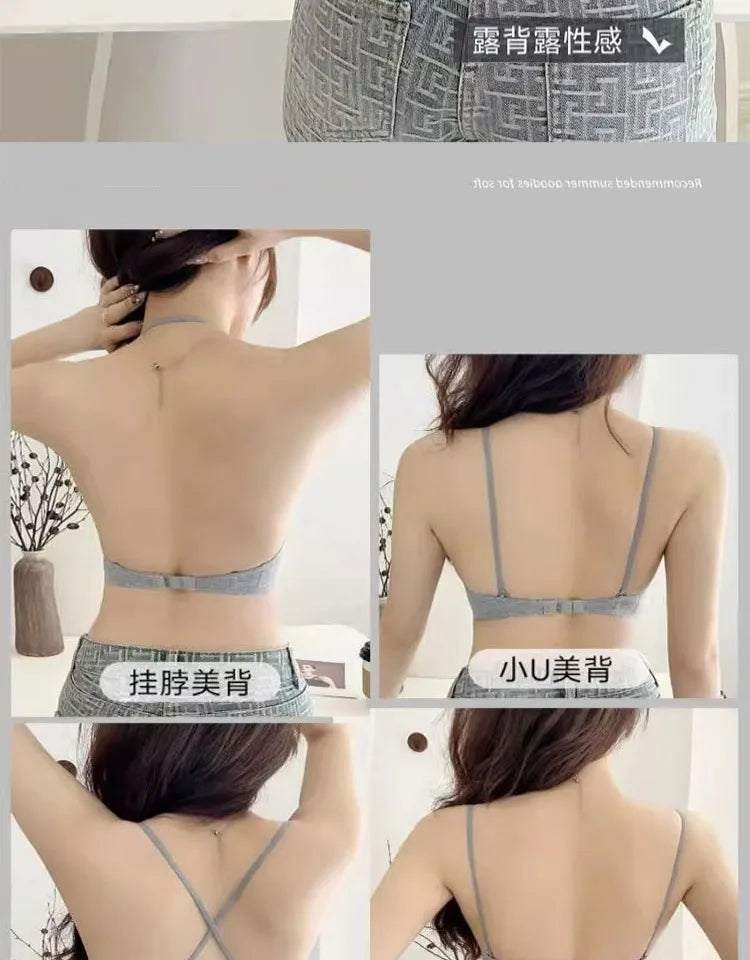 セクシー Bralette Small Chest Gathering Seamless Thin Straps Backless Wirefree Comfort Fixed Cup Lingerie Invisible Support Women US