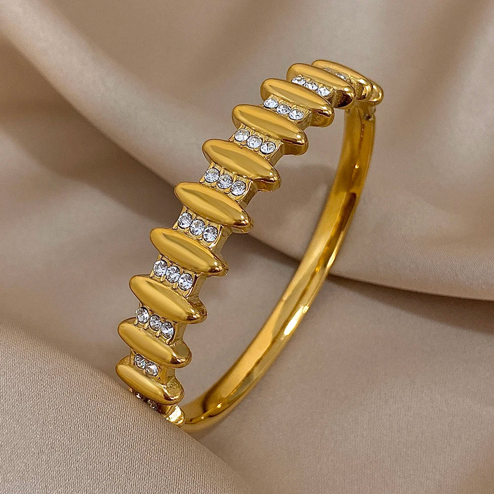 Flashbuy New Design Cubic Zircon Stainless Steel Bangles Bracelets for Women Geometric Gold Color Waterproof Fashion Jewelry