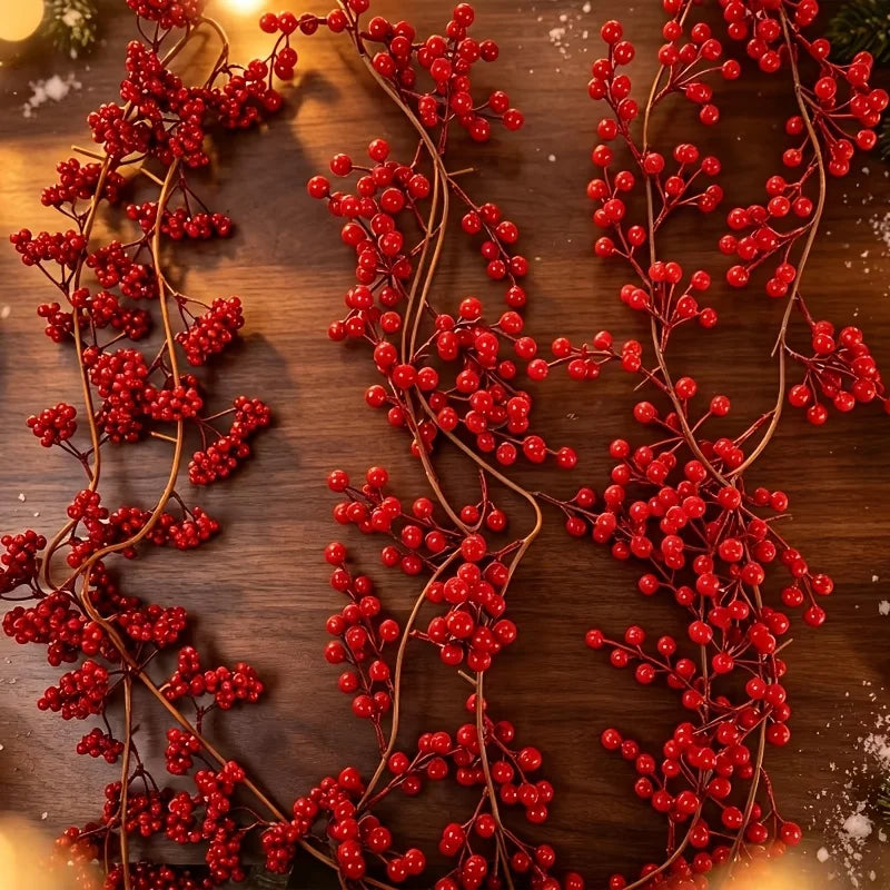 1PC Christmas Red Berry Vine Garland, Bendable Artificial Fruit Rattan,Winter Holiday Fireplace Staircase Hanging Decor for Home