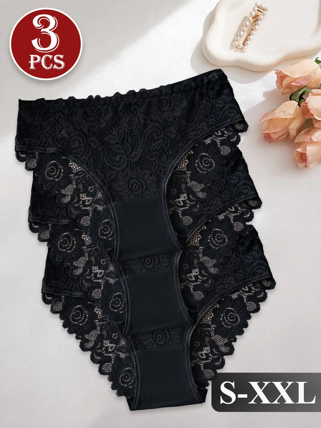 3PCS Black Lace Floral Trimmed Panties for Women Daily Casual Underwear Solid Color Mid-Rise Breathable Sexy Briefs Lingerie Hot