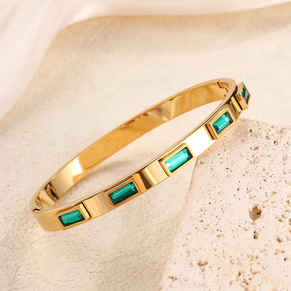 ZAKOL 4/1pcs Geometric Green Square Zircon Inlaid Stainless Steel Copper Stacking Bracelet Luxury Wedding Party Jewelry Gift