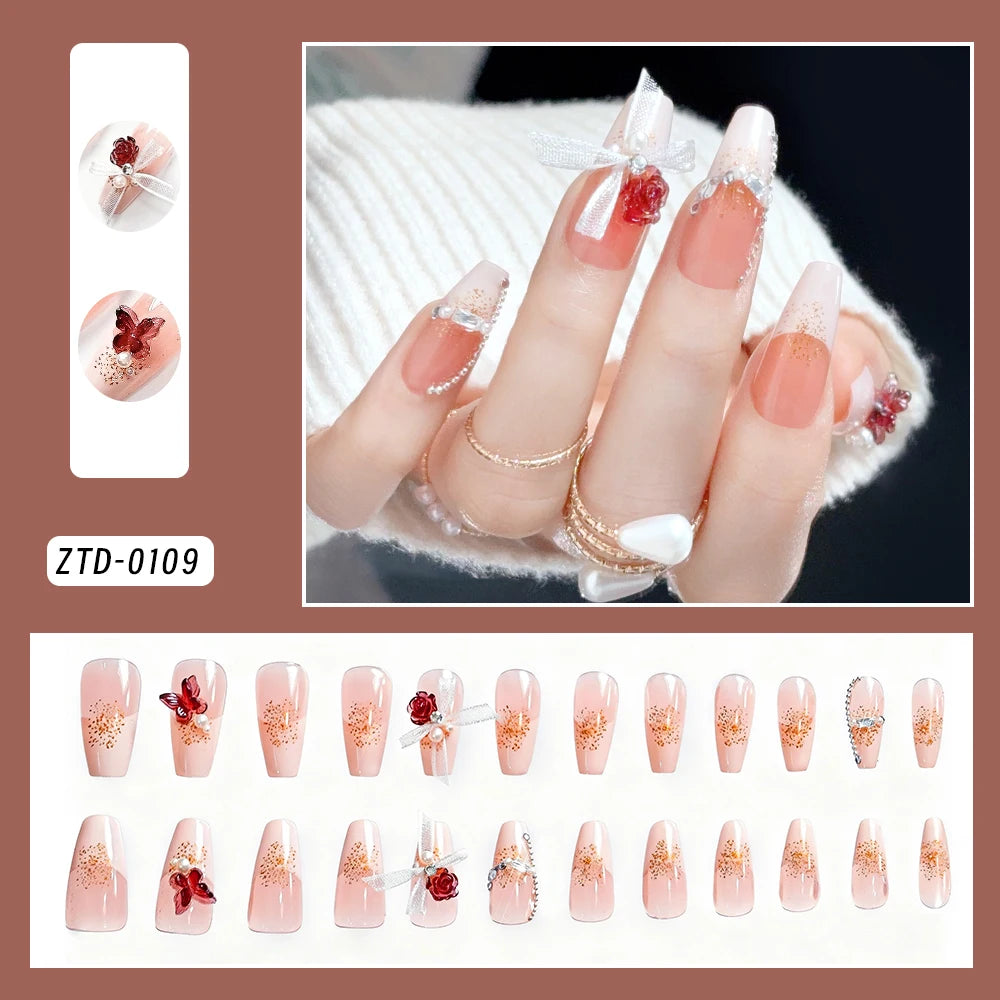 24Pcs Sweet Medium Square French False Nails Blush Pink Flower Full Cover Fake Nails Extension Acrylic Wearable Press on Nails