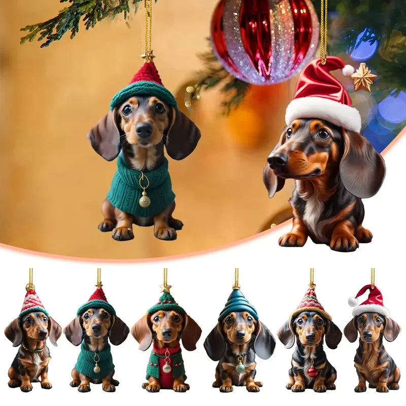5/9pcs Dachshund Christmas Ornaments - Holiday Hanging Decorations with Santa Hats & Scarves, for Room Decor, Christmas Decor