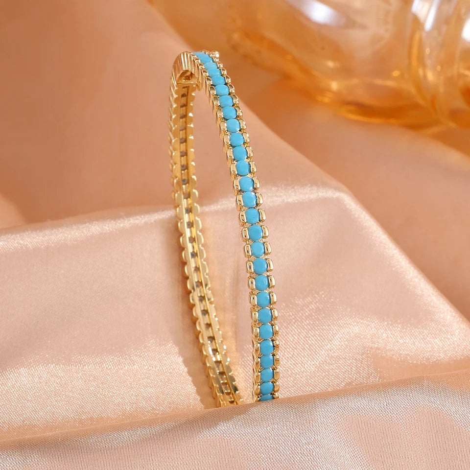 ZAKOL New Shiny Round Blue Turquoise Zirconia Tennis Bracelet for Women Gorgeous High-end Wedding Party Jewelry Gifts