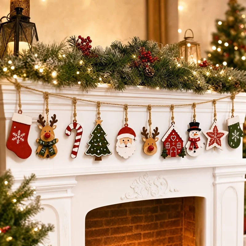 10Pcs Christmas Wooden Ornament Garland, Santa Snowman Reindeer Hanging Banner, Xmas Fireplace Wall Mantel Decorations