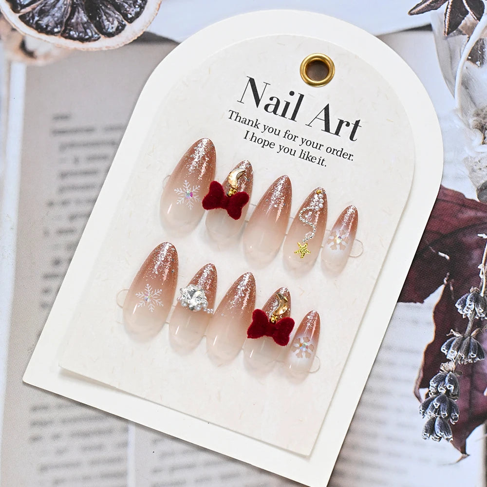 24Pcs Glitter powder French Christmas Fake Nails Almond Full Cover False Nails Snowflake with Bowknot Rhinestone Press On Nails