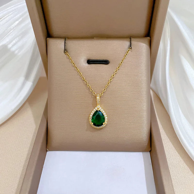 ZAKOL Exquisite Stainless Steel Green Water Droplet Inlay Zircon Pendant Necklace Earrings Set Trend Jewelry Gift for Women