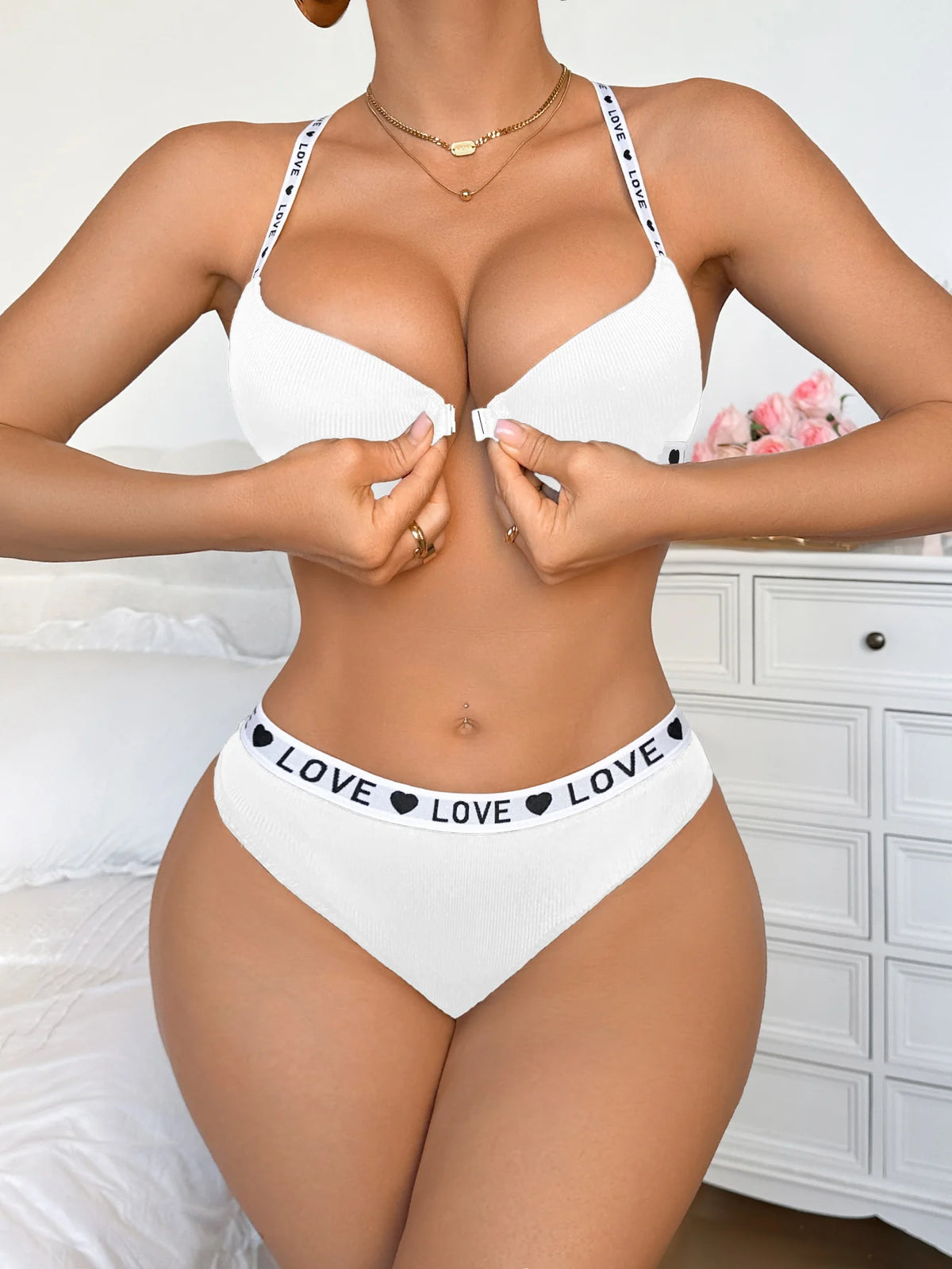 Letter Strap Women's Underwear Set with Push Up and Rib Knit Underwire Women Bra Panties Letter Comfort Lingerie Set
