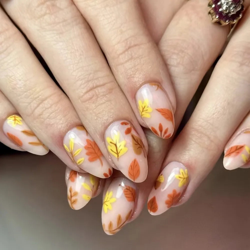 24pcs Fashion Simple Press on Fake Nails Sets Flower Leaves Pattern Full Cover Nail Tips Short Almond False Nail Fake Nails Art