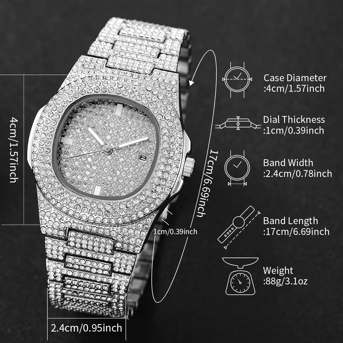 3PCS Iced Out Full Diamond Men Watch Cuban Chain Necklace Bracelet Set Hip Hop Quartz Wristwatch Accessories Relogio Masculino