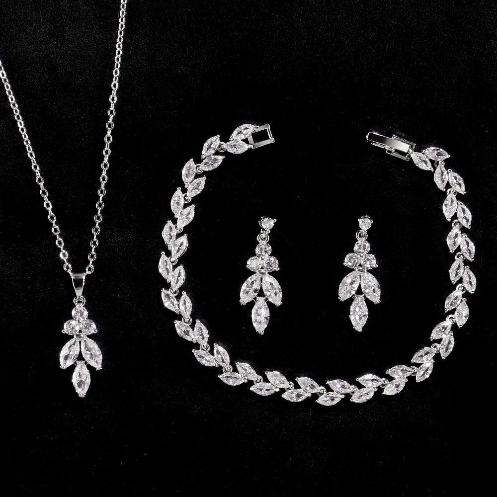 ZAKOL 3Pcs/Set Luxury Zirconia Leaf Bridal Wedding Jewelry Set Buling Clear Crystal Earring&Necklace&Bracelet Party Accessories