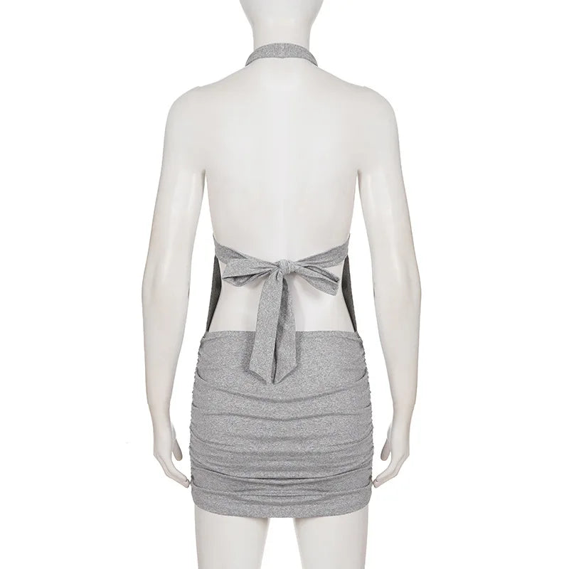 BKLD Sexy Spicy Girl Style Slim Fit Backless Halter Dress New V-Neck Sleeveless Solid Color Short Dresses Party Women Clothing
