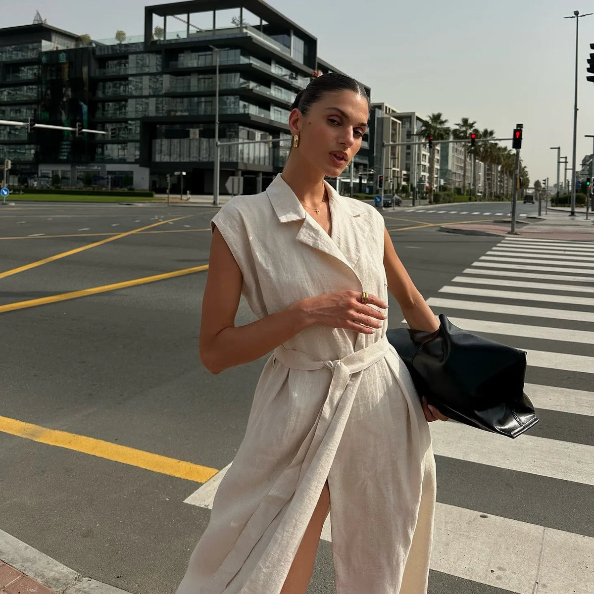 BKLD 2026 Spring Summer New Arrival Sleeveless Shirts Dress Casual Turn-Down Collar Tied Waist Dress Solid Color Women Clothing