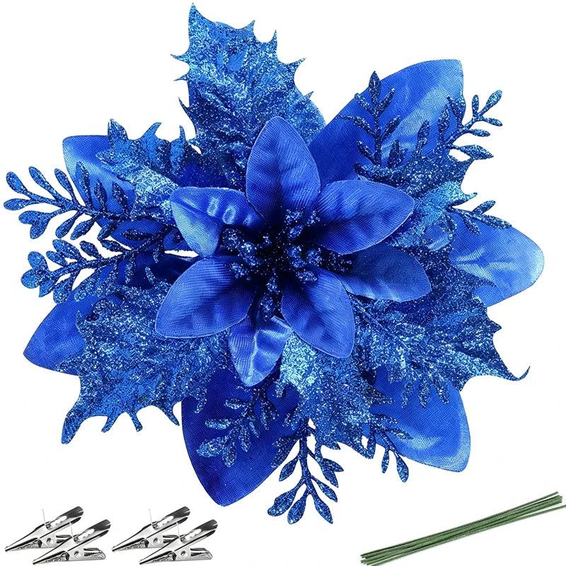 10Pcs Glitter Christmas Poinsettia Flowers,14cm/5.51in Artificial Red Gold Poinsettia Ornaments with Clips & Iron Wire,Xmas Tree