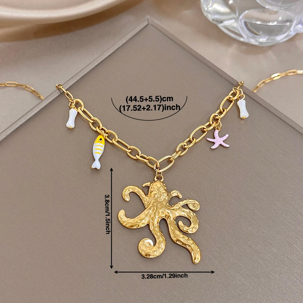 Flashbuy Golden Ocean Charm Necklace, Starfish Crab Octopus Pendant, Boho Beach Jewelry for Women, Summer Vacation Accessory