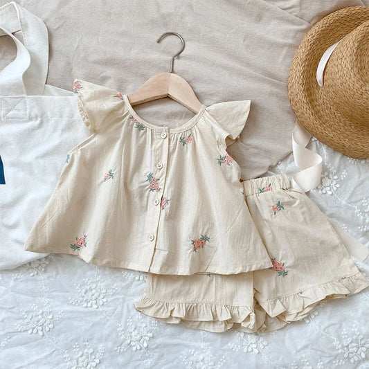 Girls' Summer Fashion Set Children's Flower Print Flying Sleeve Top+Shorts Two Piece Cute Little Girl Refreshing Set