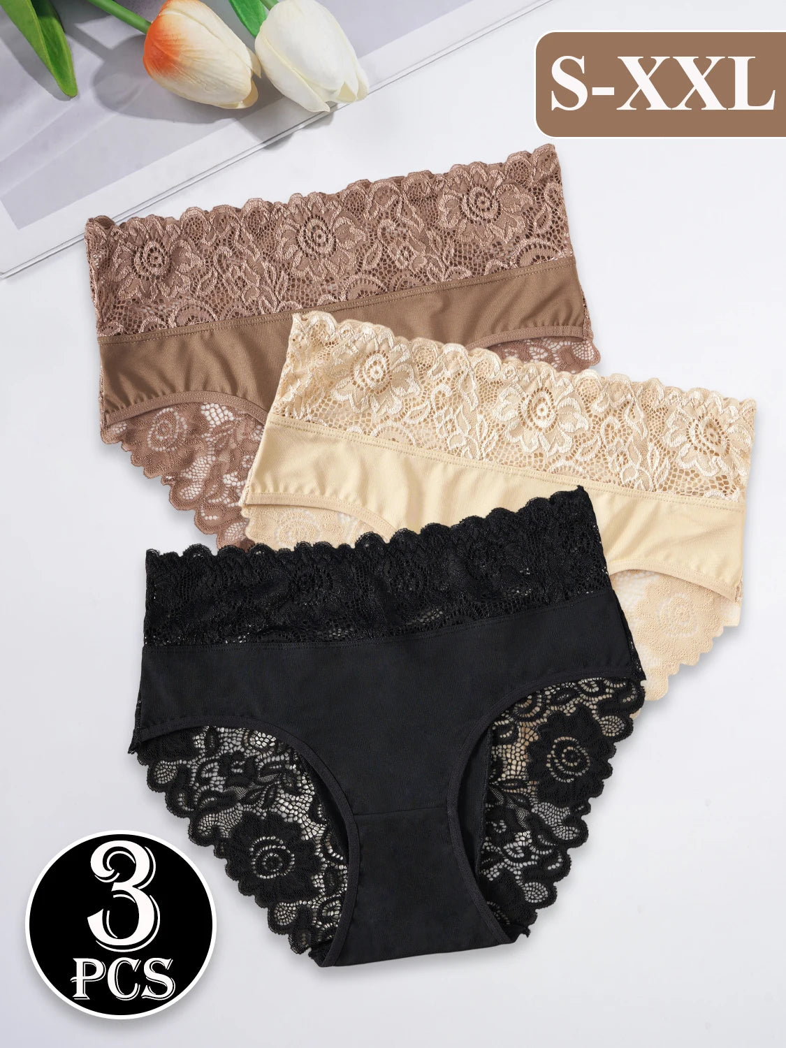 3PCS New High Waist Comfortable Women's Underwear Exquisite Floral Lace Details Briefs Solid Color Panties Casual Daily