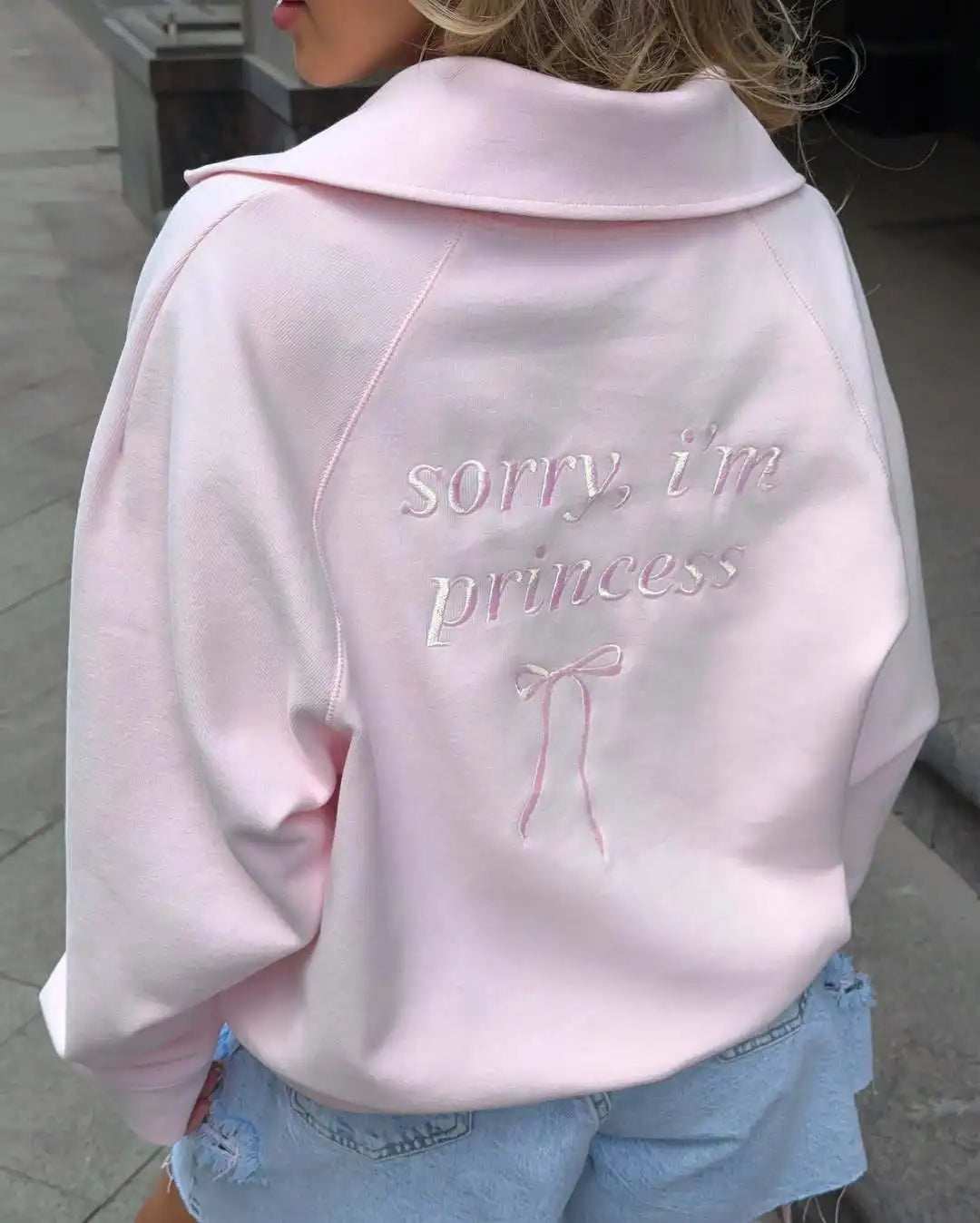 Women's Fashion Pink Pullovers Casual Long Sleeve Loose Half Zip Letter Embroidery Top Autumn Winter Vintage Female Streetwear