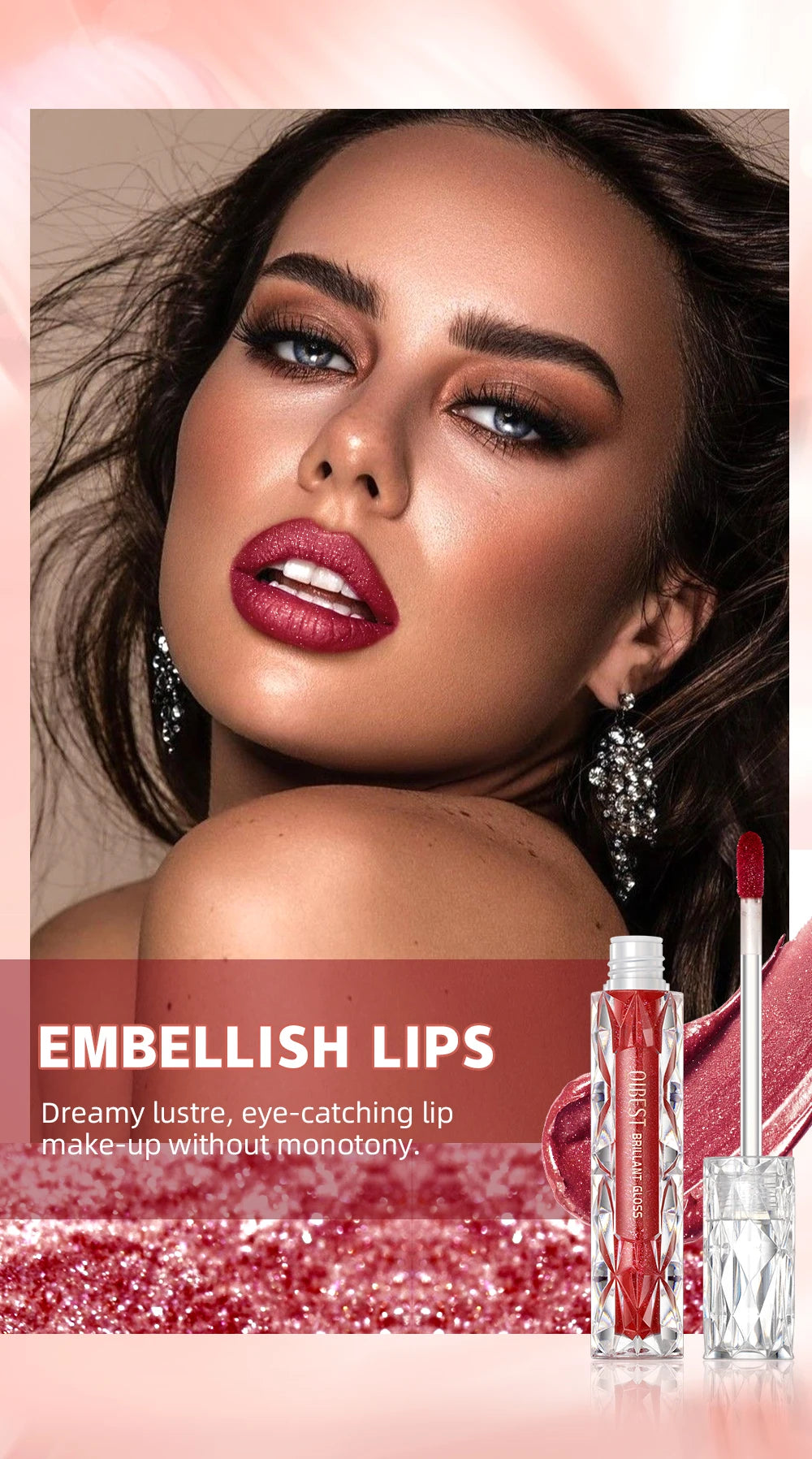 QIBEST Diamond Liquid Lipstick Moisturizing Long-Lasting Purple Sparkling Waterproof Lip Gloss Cosmetics Matte Glitter Lipstick