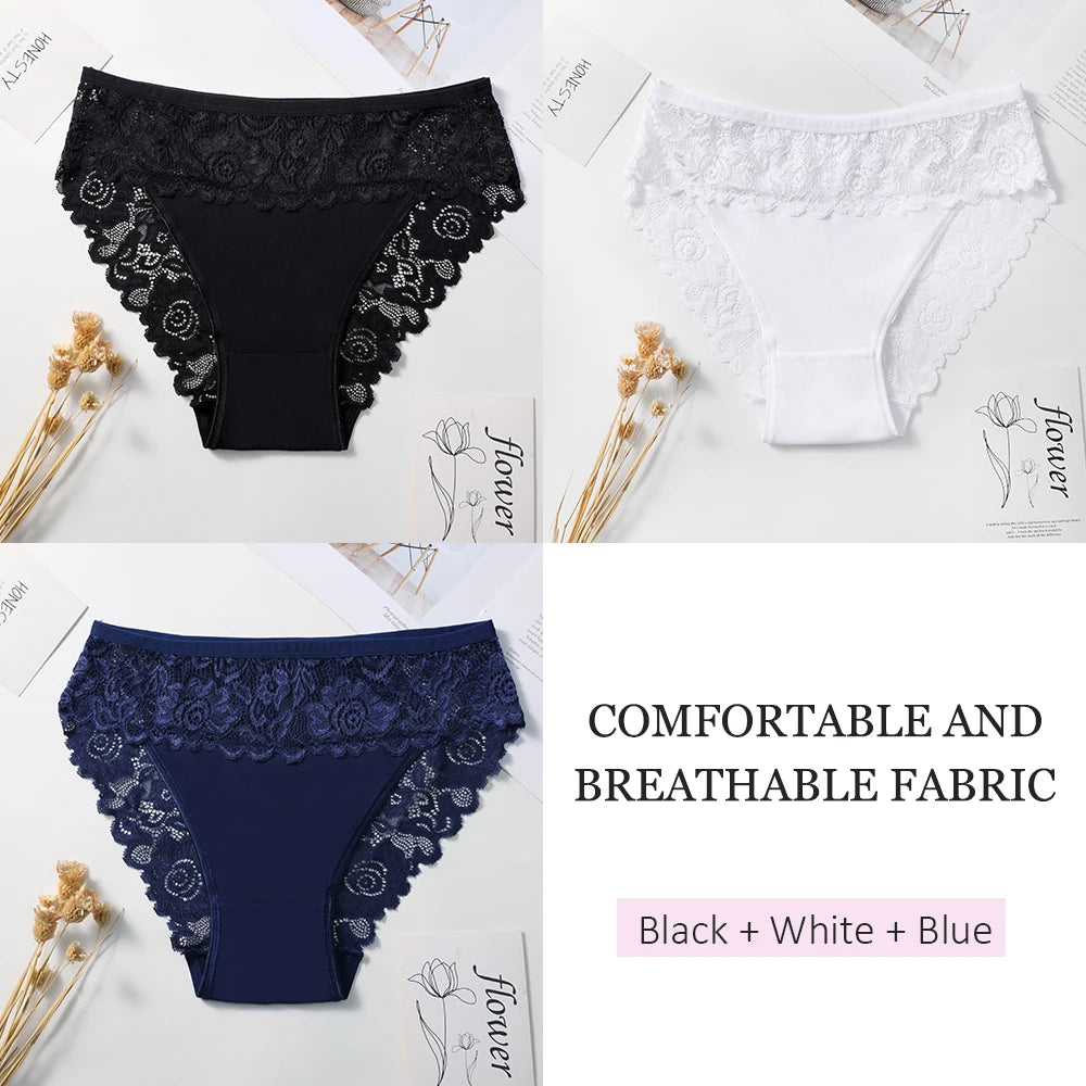 3PCS Women's Panties Sexy Hollow Out Flower Lace Cotton Splicing Briefs Comfort Lingerie Breathable Underpants Daily Wear