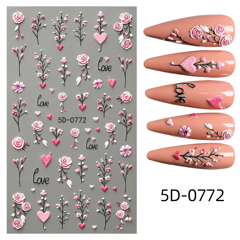 1Pc 5D Embossed Lavender Flower Nail Sticker Spring Floral Leaves Self-Adhesive Sliders Rose Heart Decals Manicure Decoration