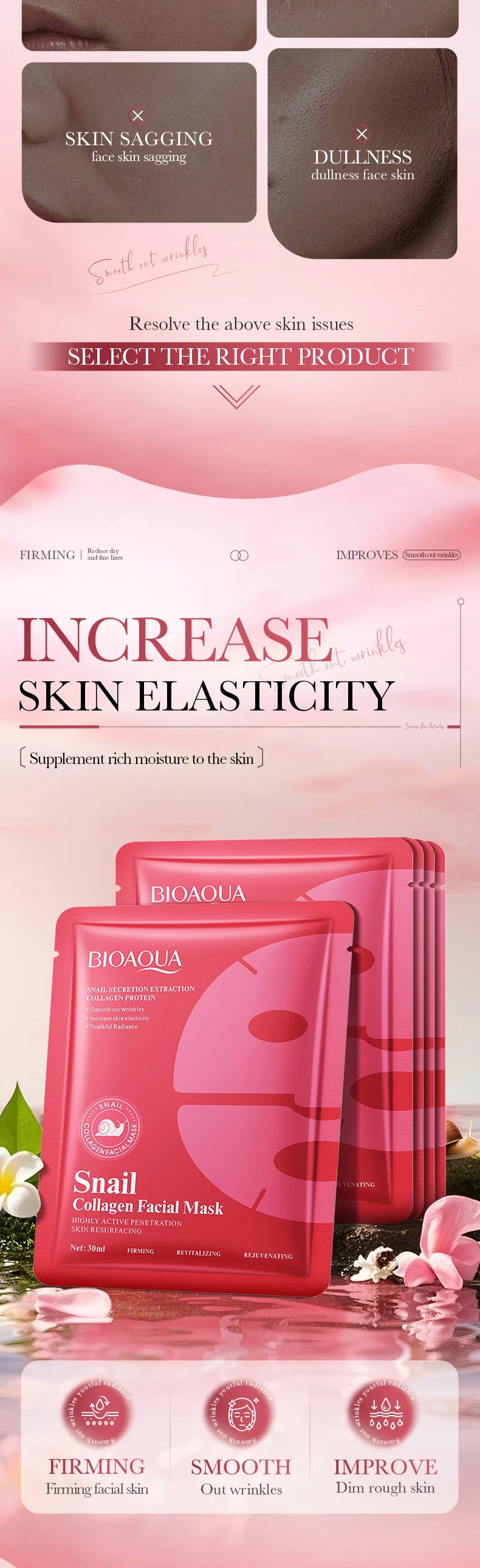 5pcs BIOAQUA Snal Collagen Facial Masks Moisturizing Anti-Wrinkle Whitening Anti-Aging Face Mask Collagen Masks Skin Care