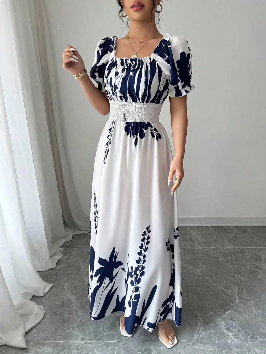 BKLD Women Clothing Summer Floral Print Dress Short Sleeve Square Collar Beach Holiday Outfits Waist Ruched Long Dresses Party