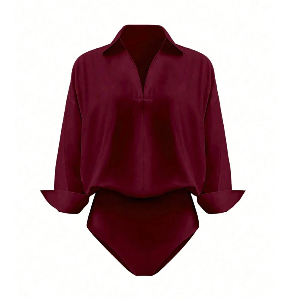 Women Shirt Bodysuit Oversized Boyfriend Half Sleeve Blouse Deep V Collar Bodysuit Shirts Elegant Office Lady Jumpsuit Top